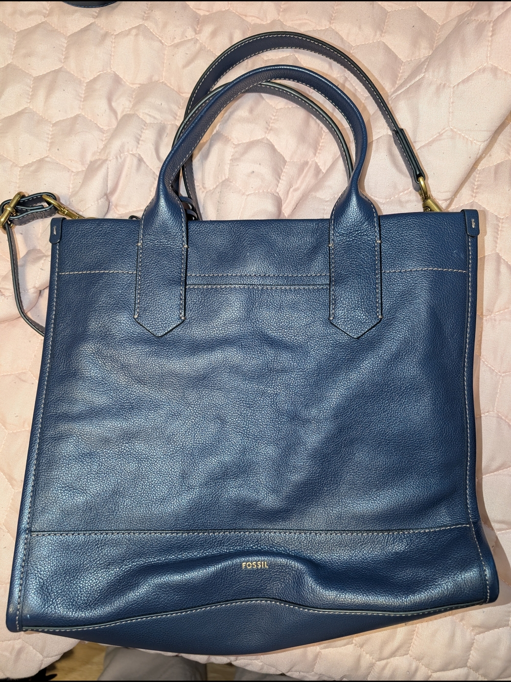 Fossil Deep Navy Leather Tote with Top Handles